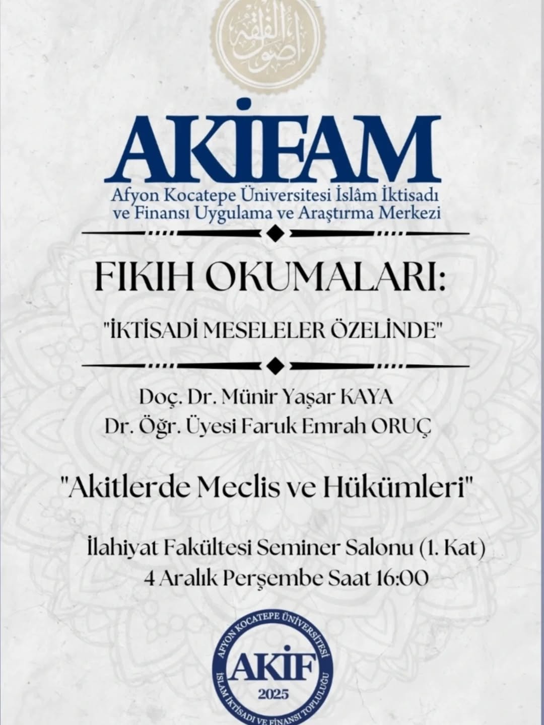 Afyon Kocatepe Üniversitesi Fıkıh Okumaları Duyurusu