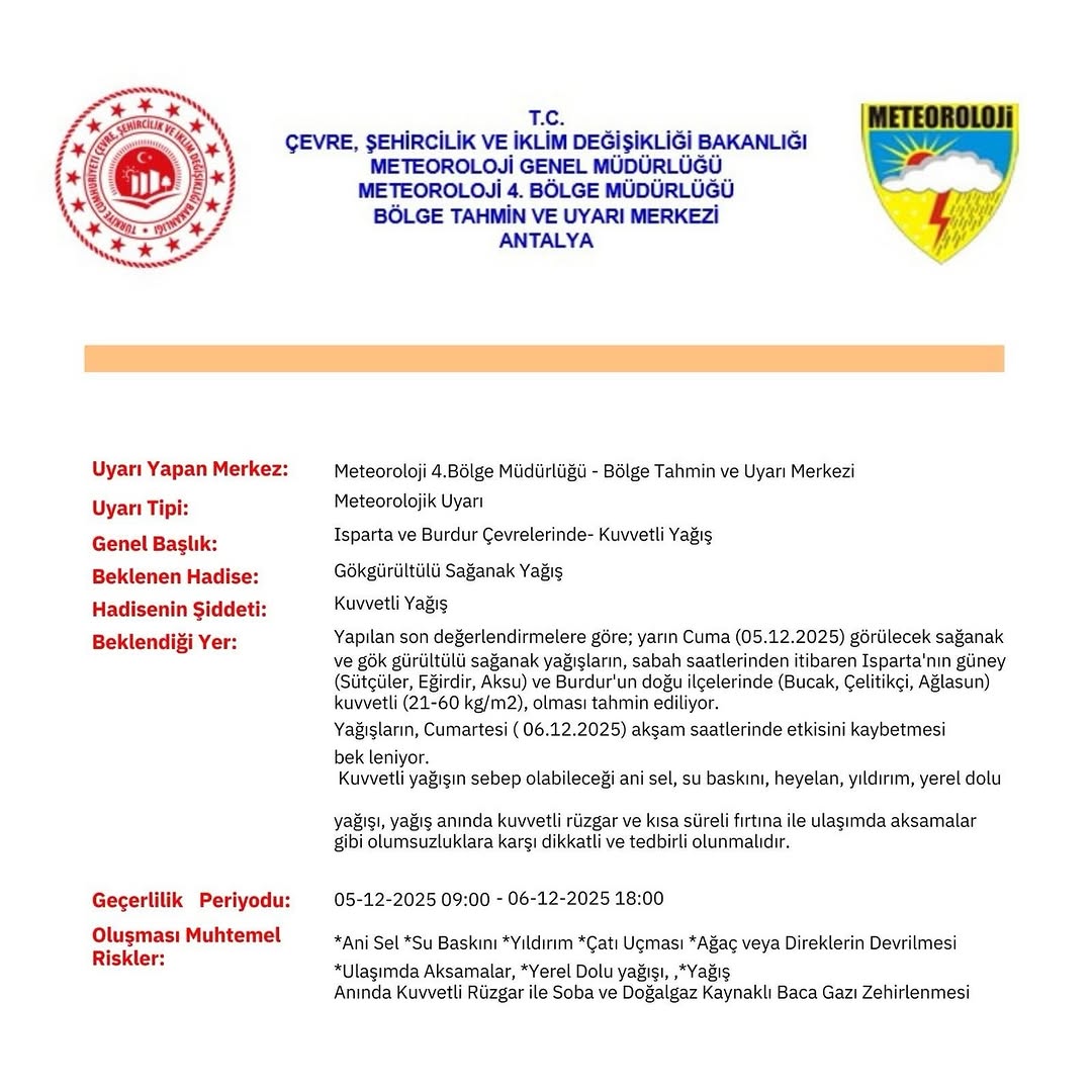 Isparta ve Burdur'da Kuvvetli Yağış Uyarısı