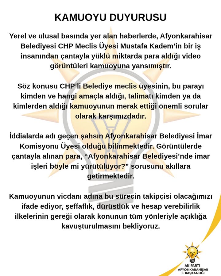 Afyonkarahisar Belediyesi CHP Meclis Üyesi Mustafa Kadem Hakkında Kamuoyunu Bilgilendirme