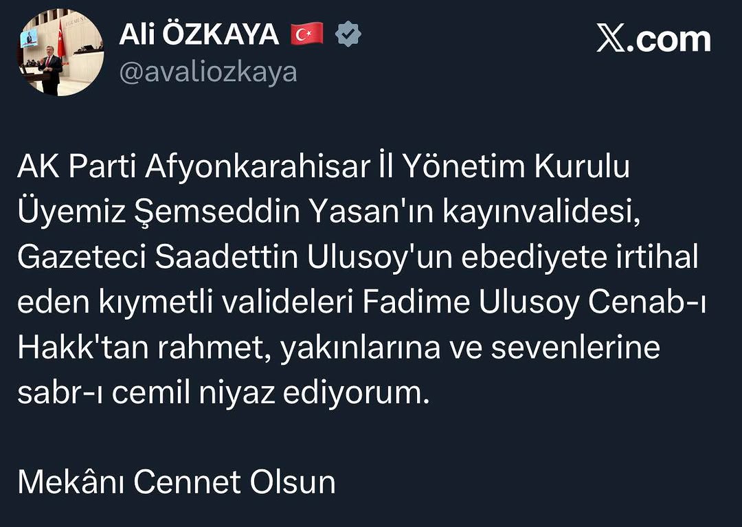 AK Parti Afyonkarahisar İl Yönetim Kurulu Üyesi Şemseddin Yasan'ın Başsağlığı Mesajı