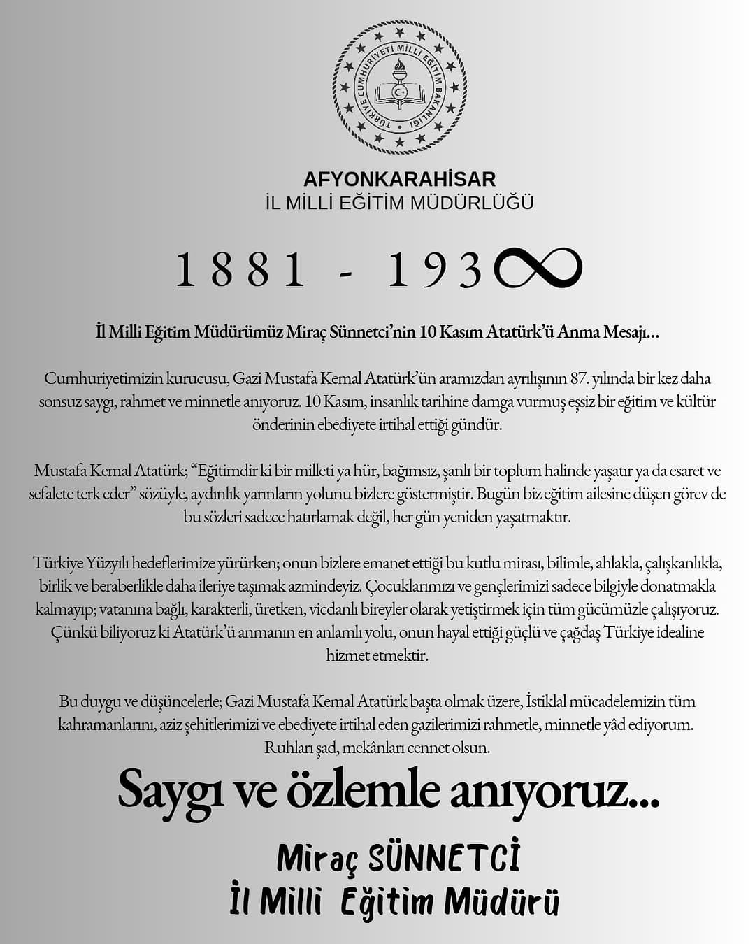 Gazi Mustafa Kemal Atatürk'ü Anma Mesajı