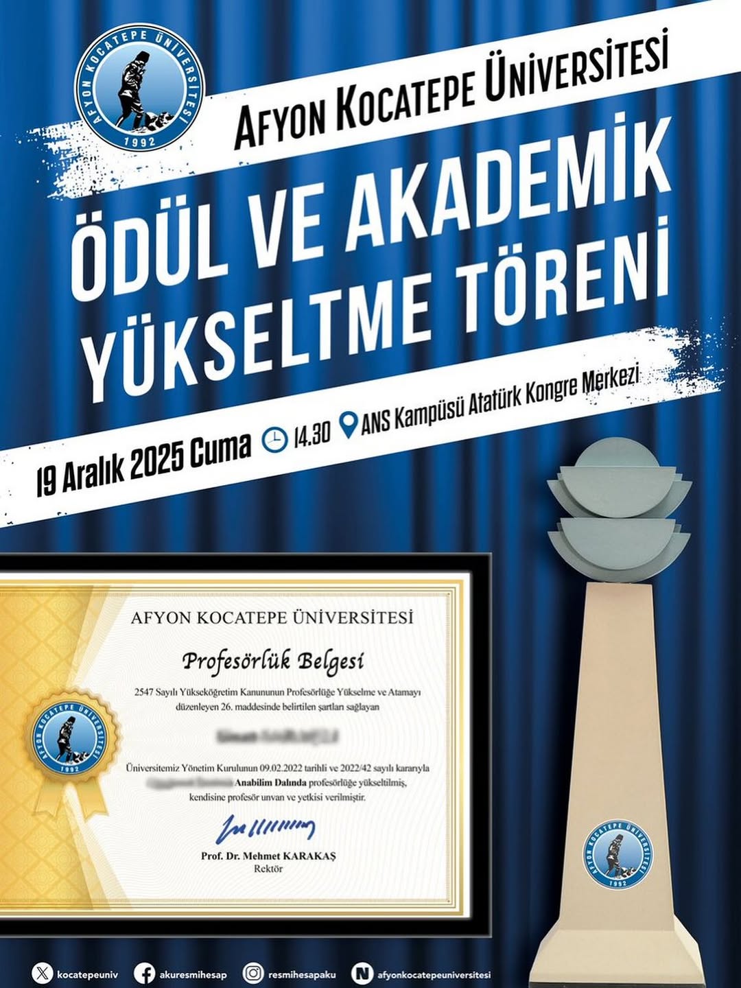 Afyon Kocatepe Üniversitesi'nde Bugün Gerçekleşecek Ödül ve Akademik Yükseltme Töreni