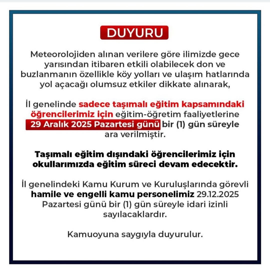 Afyon'da Kar Yağışı Nedeniyle Taşımalı Eğitime Ara Verildi