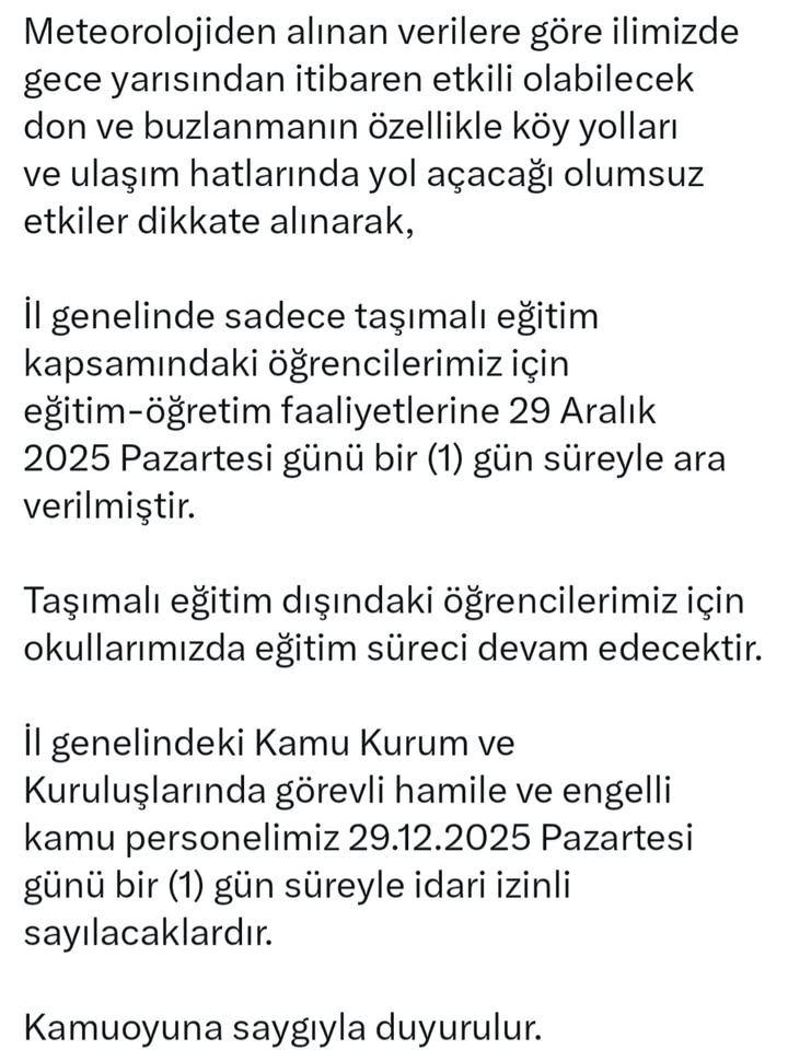 Afyonkarahisar Valiliği'nden Önemli Duyuru: Eğitim ve İdari İzin Açıklaması