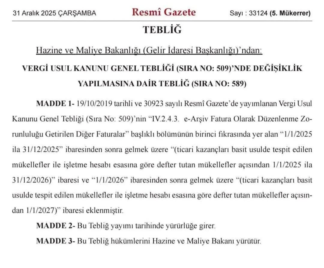 Esnaf İçin E-Arşiv Fatura Zorunluluğu 2027'ye Ertelendi