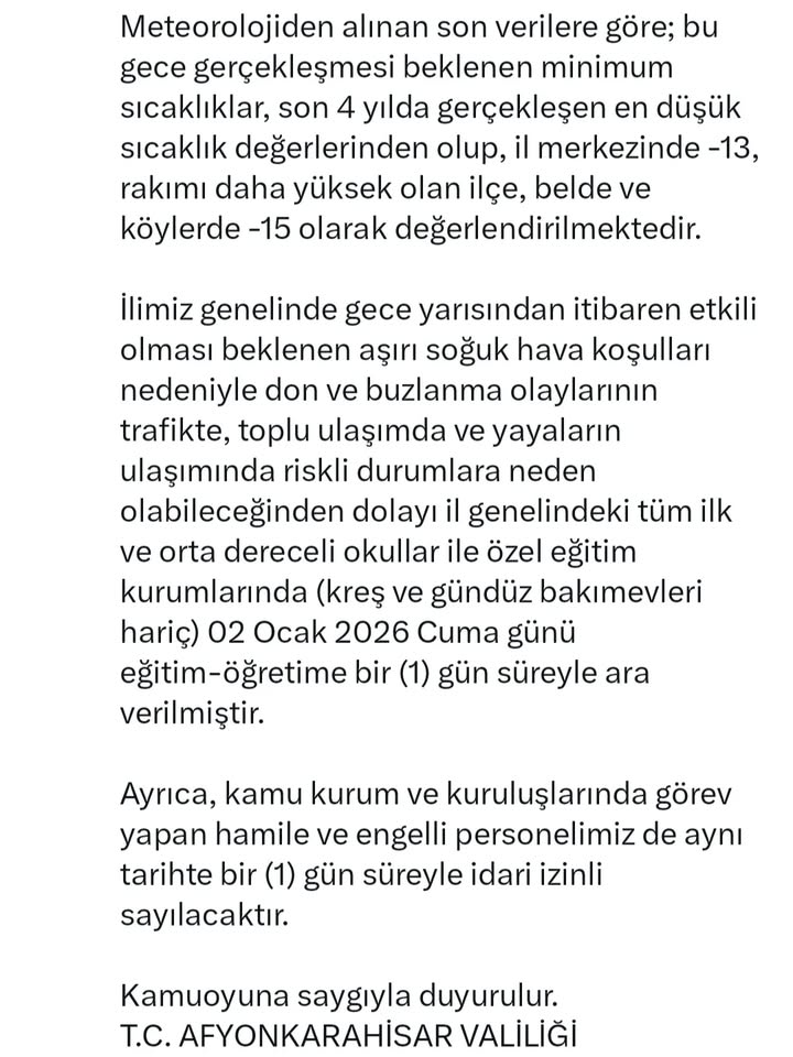 Afyonkarahisar Valiliği'nden Önemli Duyuru: Aşırı Soğuk Hava Koşulları Nedeniyle Eğitime Ara