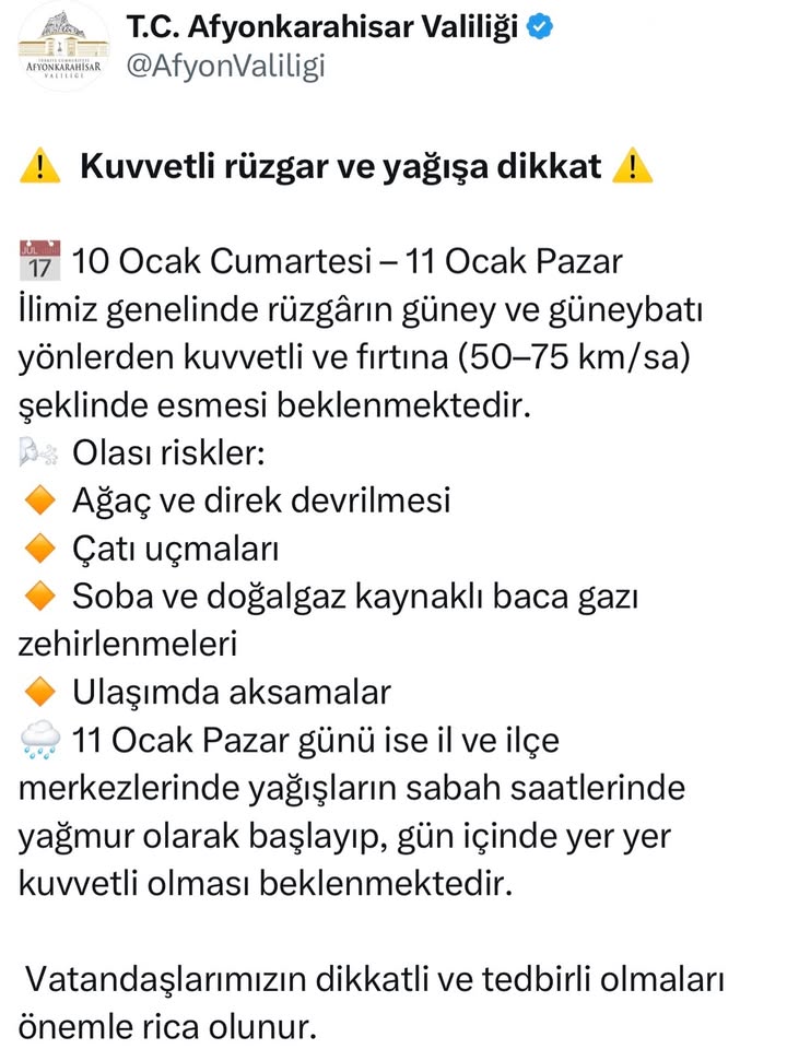 Afyonkarahisar Valiliği'nden Kuvvetli Rüzgar ve Yağış Uyarısı