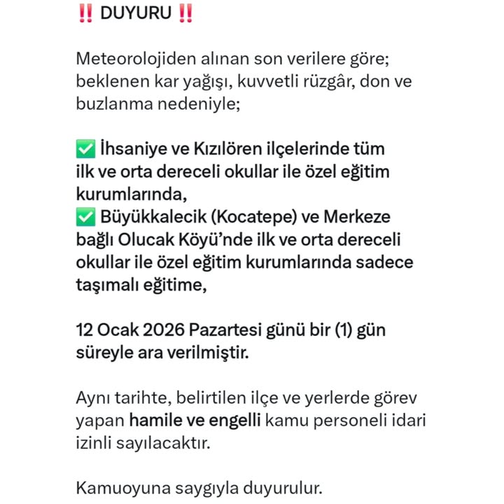 Afyonkarahisar Valiliği'nden Kar Yağışı ve Kuvvetli Rüzgar Uyarısı
