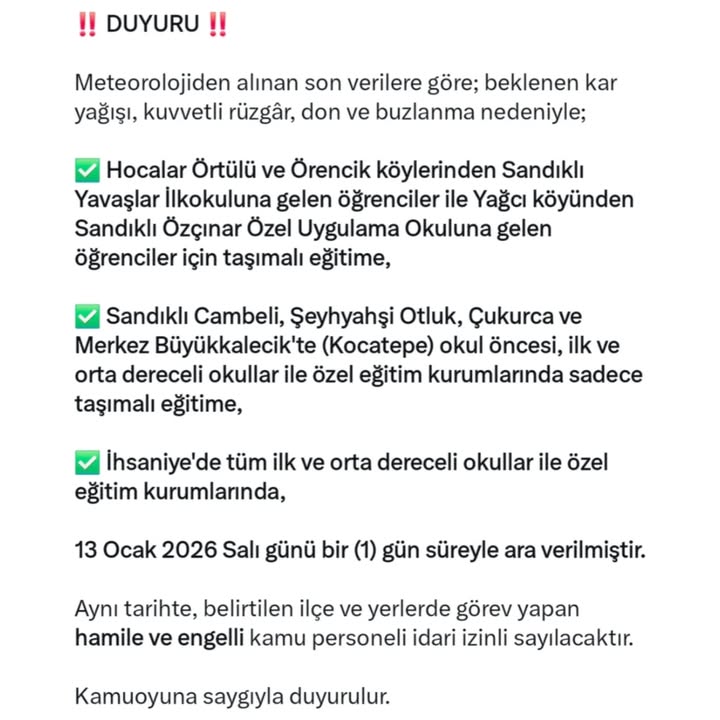 Afyonkarahisar Valiliği'nden Kar Yağışı Nedeniyle Eğitimde İptal Duyurusu