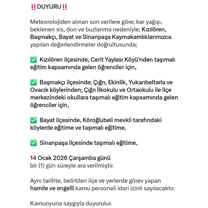 Afyonkarahisar Valiliği'nden Kar Yağışı Nedeniyle Eğitime Ara Duyurusu