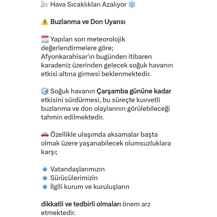 Afyonkarahisar Valiliği'nden Buzlanma ve Don Uyarısı