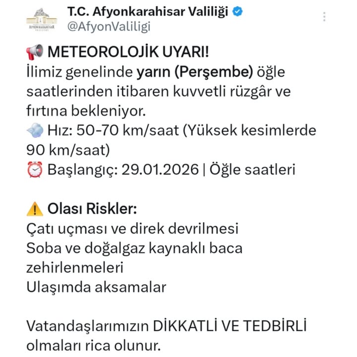 Afyonkarahisar Valiliği'nden Meteorolojik Uyarı: Kuvvetli Rüzgar ve Fırtına Bekleniyor!