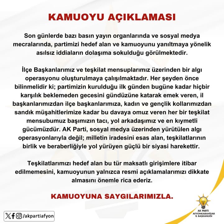 Afyonkarahisar Milletvekilinden Kamuoyu Açıklaması