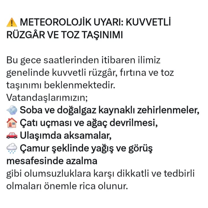 Afyonkarahisar Valiliği'nden Meteorolojik Uyarı: Kuvvetli Rüzgâr ve Toz Taşınımı
